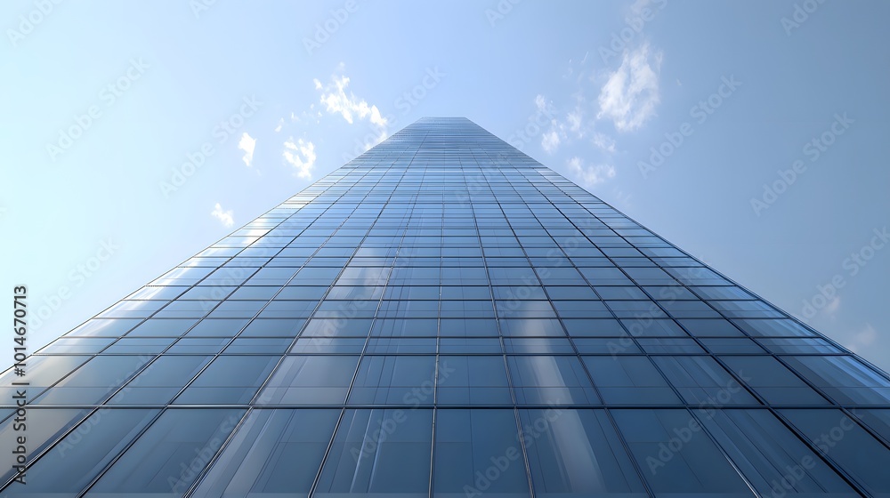 Wall mural a modern skyscraper viewed from below, showcasing its reflective glass facade against a bright blue 