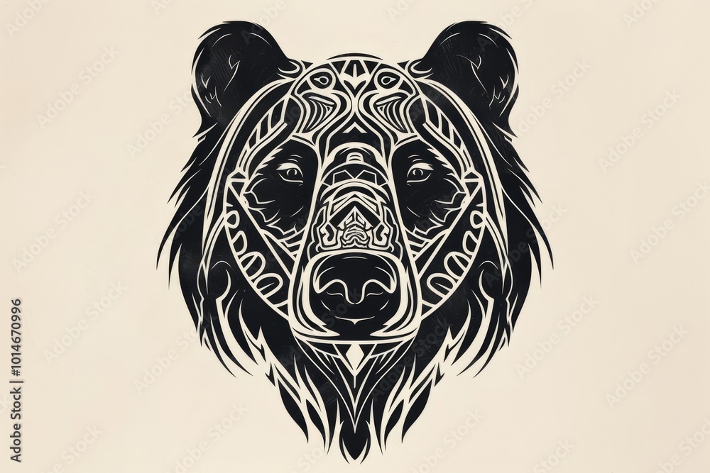 Sticker Minimalist bear head with intricate tribal patterns.