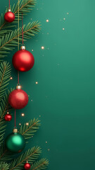 Christmas red and green matte ornaments on green background. New Year's card.