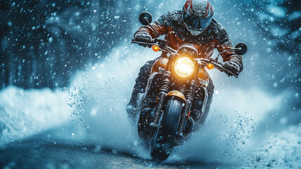 rider on a motorcycle of the brand indian is driving through the snow in a winterwonderland