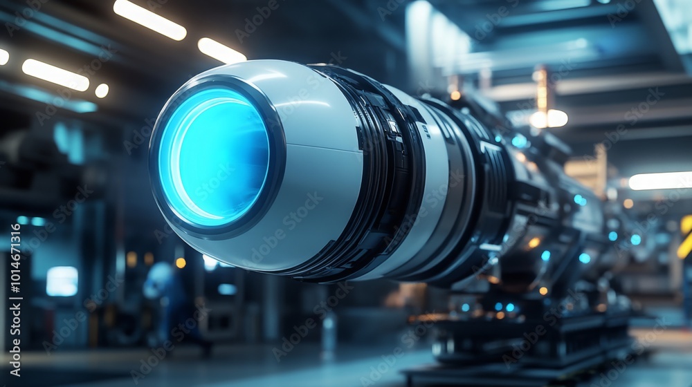 Poster a close-up shot of a futuristic, white and black engine with a large glowing blue circle on the fron