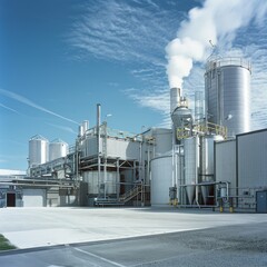 Industrial structures, billowing with steam under a clear sky, symbolize manufacturing and modernization in an expansive industrial setting.