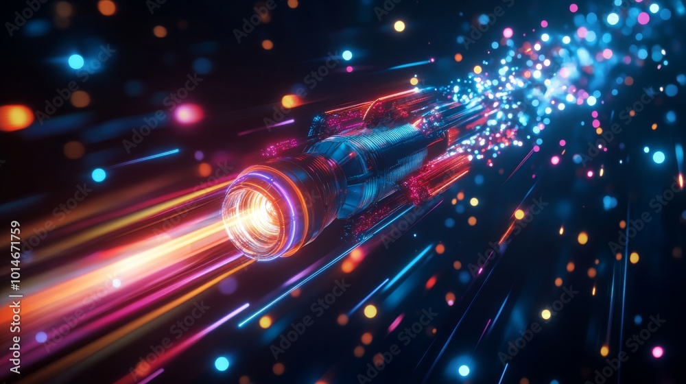 Poster A digital rendering depicts a spaceship with a glowing blue and red exterior. The ship is traveling through space, leaving a trail of multicolored streaks and bright lights behind it