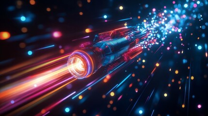 Fototapeta premium A digital rendering depicts a spaceship with a glowing blue and red exterior. The ship is traveling through space, leaving a trail of multicolored streaks and bright lights behind it