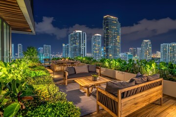 Fototapeta premium Chic urban rooftop with modern wooden furniture and vibrant greenery, overlooking Miami's skyline at night