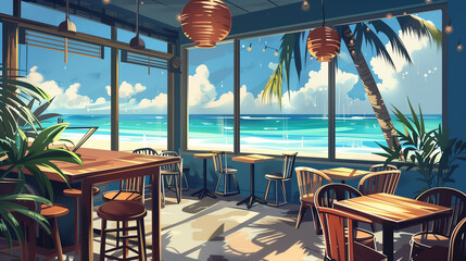Fototapeta premium Beachside Cafe with Wooden Tables and Chairs