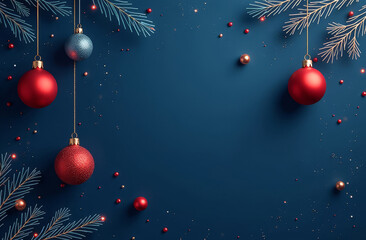 Christmas red and blue matte ornaments with fir branches on dark blue background. New Year's card.
