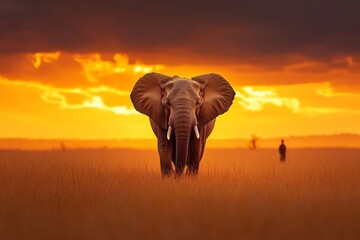 Obraz premium A majestic African elephant stands silhouetted against a glowing, dramatic sunset in the savanna.