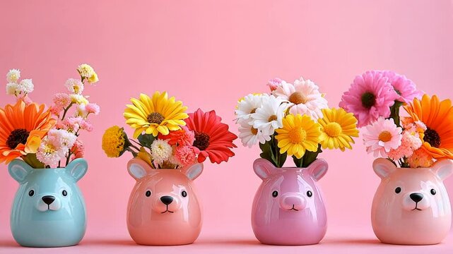 
handmade child like clay vases decorated with chunky patterns like rainbows and animals in ivory and pastel colors, crafted, gerbera flowers