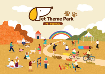 Dogs and people having fun at the fall dog theme park
