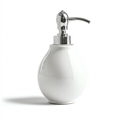 Obraz premium Elegant white soap dispenser with a sleek chrome pump, emphasizing modern bathroom decor.