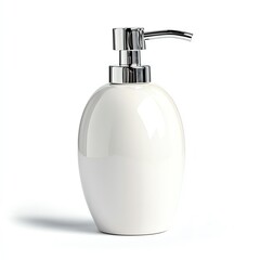 Obraz premium Elegant white soap dispenser with shiny chrome pump on a light background.