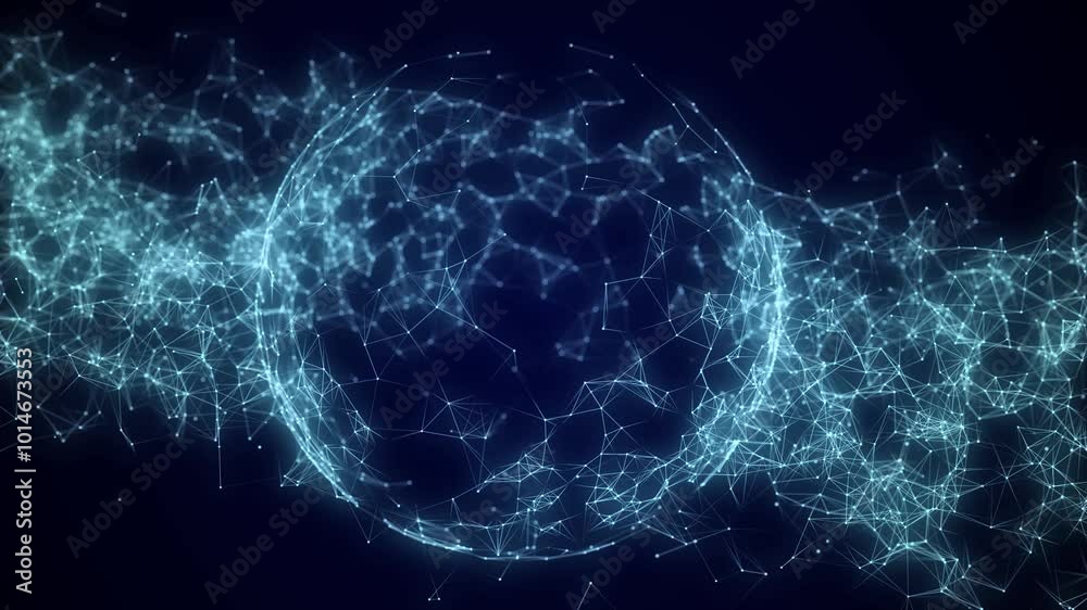 Poster sci-fi blue sphere with network connection on cyberspace with moving particles. big data visualizati