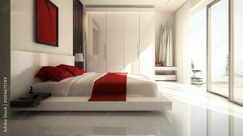 Aufkleber A spacious bedroom showcases a minimalist design with a white platform bed adorned with red pillows. Large windows fill the room with natural light, creating a serene and inviting atmosphere.