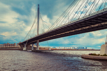 Cable-stayed road bridge across the Korabelny fairway of the Gulf of Finland.