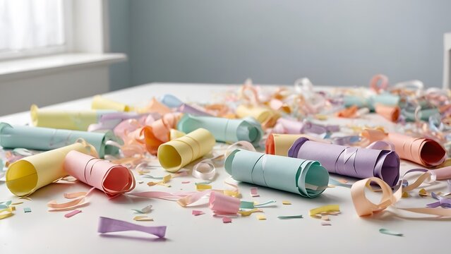 Colorful Party Streamers and Confetti Scattered Across a Table After a Celebration