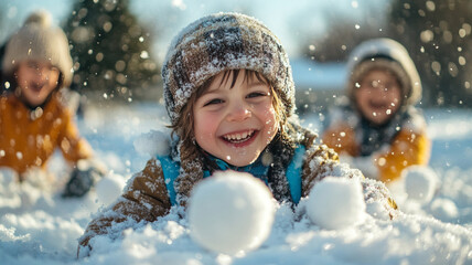 Friends playing snowballs and having fun outside in the winter weather.