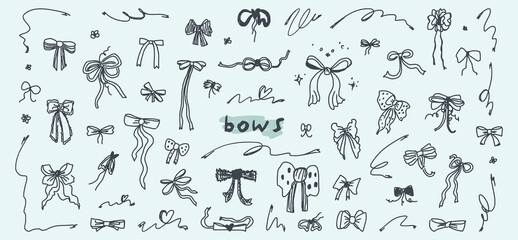 Obraz premium Big set clip arts of bows elements for your design celebration greetings and invitations cards. Hand drawn doodle illustration. Childish naive vector art