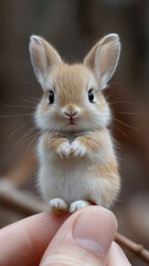 Obraz premium The world's smallest baby white rabbit, perched on someone's finger, is undoubtedly cute and charming.