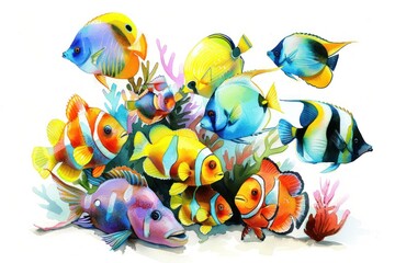 Fototapeta premium School of colorful fish Swimming in the coral reef on a white background --ar 3:2 Job ID: 38f5c0ae-62be-4b73-9219-ce4bde86b63b