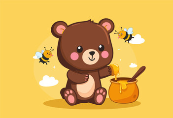 Obraz premium Cute Bear Dipping Paw in Honey Pot with Bees