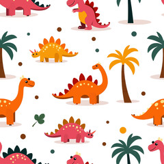 Cute Dinosaur Seamless Pattern with Palm Trees 
