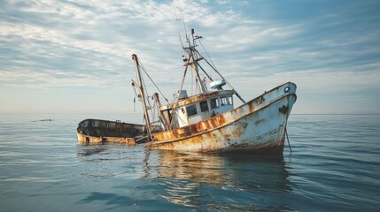 Abandoned fishing boat on calm water