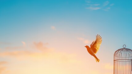 Fototapeta premium Bird flying against sunset sky, cage in view
