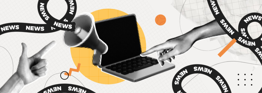 Trendy retro Halftone Collage with Megaphone, Laptop and Hands. Social media news and propaganda. Online marketing and promotion concept. Pop art design poster. Contemporary art vector illustration