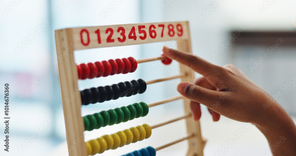 Aufkleber Hand, abacus and child learning math for brain development, study or arithmetic. Kid, person and calculate with beads for education, knowledge or student counting numbers in elementary school closeup