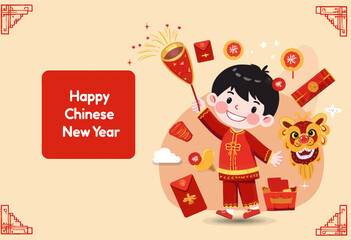 Happy Chinese New Year Illustration with Boy and Dragon Dance Mask 
