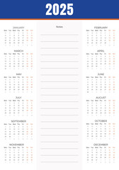 Calendar 2025 with notes in center,  2025 Calendar week starts Monday with column for notes, Clean and professional 2025 Calendar design	