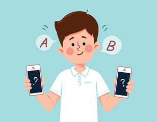 Man Holding Two Phones With Question Marks 
