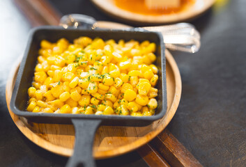 Sweet butter corn japanese style izakaya menu serve on hot skillet