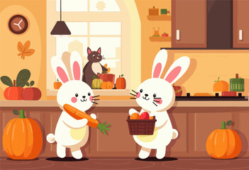 Obraz premium Rabbits in Kitchen with Pumpkins and Carrot 