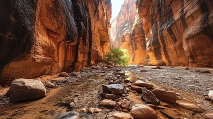 Rocky canyon floor, with scattered boulders and narrow passageways carved by water
