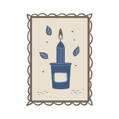 Winter holidays rectangle vintage emblem with candle. Sticker with retro Christmas decoration. Vector hand drawn flat collection