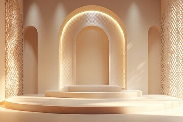 A minimalist interior with soft lighting and archways, designed for presentations or events.