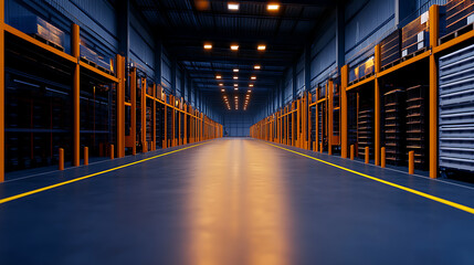 Modern warehouse interior with shelves and smooth flooring under bright lights