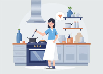 Woman Cooking in Kitchen with Heart 
