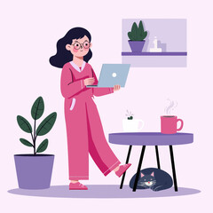 Woman Working from Home in Pajamas with Cat