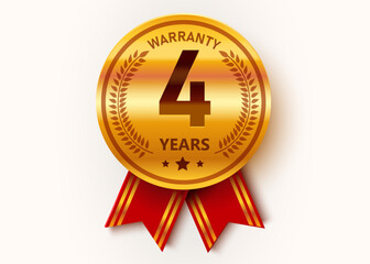 4 Years Warranty. Warranty Sign. Golden medal with ribbons.