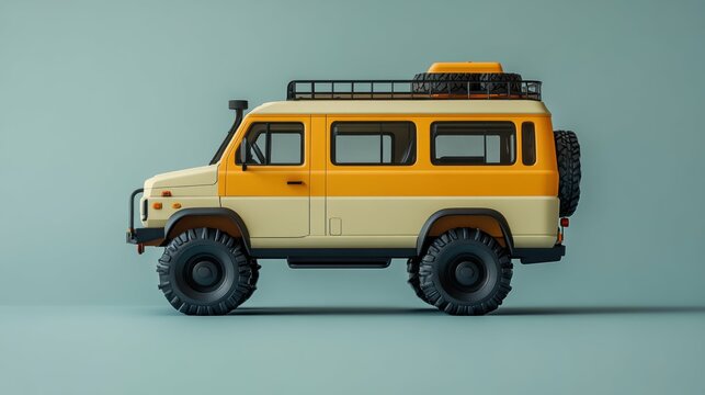 Exaggerated stylized model of a versatile, all-terrain toy van displayed against a clean solid-colored backdrop
