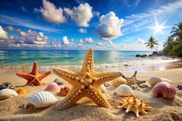 A beach scene with a starfish and a bunch of shells