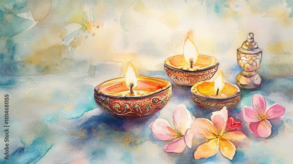 Sticker A beautiful watercolor painting featuring lit candles and delicate flowers, creating a serene and calming atmosphere.