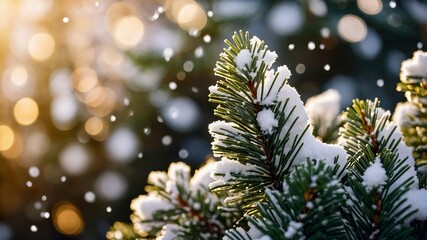 Landscape of snow-covered evergreen trees. Covered with a thick layer of snow, which emphasizes the winter theme. Warm, golden bokeh effect, festive and dreamy atmosphere.