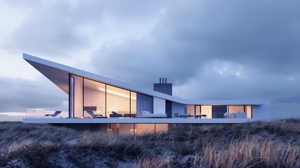 Obraz premium A modern house with a sleek design sits on a grassy hill. The house is made of white concrete and glass. The sky is a soft blue.