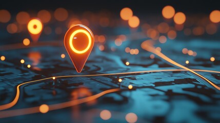 A glowing location pin on a digital map with neon lines.
