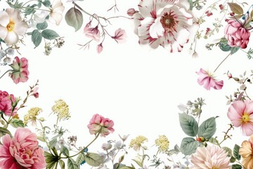Vintage style flower frame, thin lines, composed of pastel colored flowers. on a white background