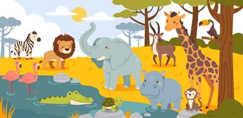 African animals. Cartoon Savannah wildlife scene. Landscape with animals, birds, reptiles. Safari lion, giraffe elephant, zebra, crocodile in pound. Vector illustration © Foxy Fox